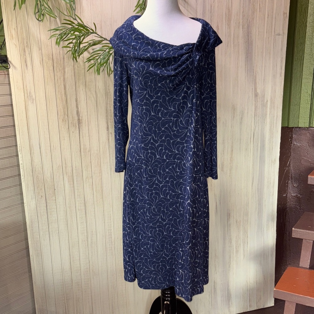 Royal Robbins Jacquard Navy Wool Blend Long Sleeve Dress, Size Large, New w/Tag
